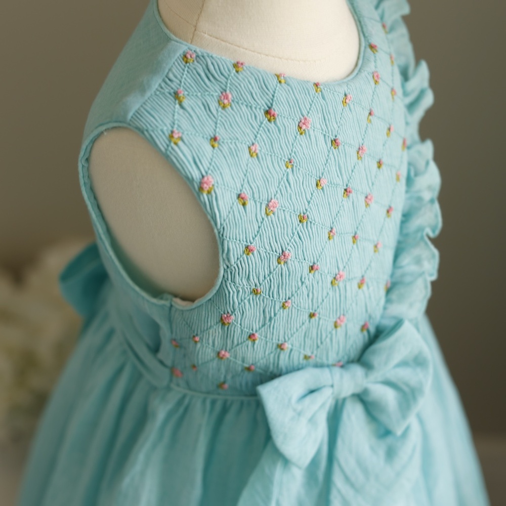 Smocked Turquoise Dress Pink Embroidery Boutique Spring Summer Dress NWT